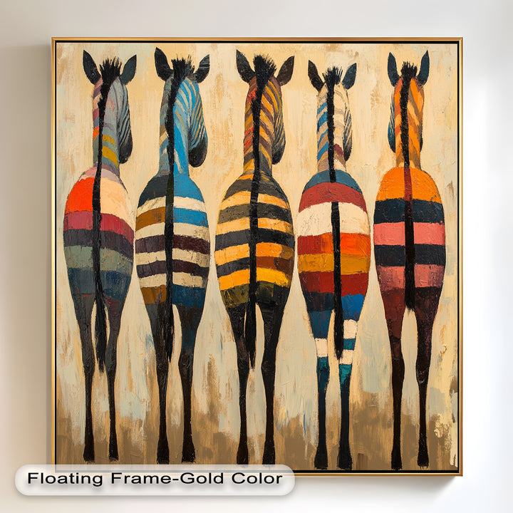 Five Colorful Zebras with Bold Stripes – Animal Oil Painting