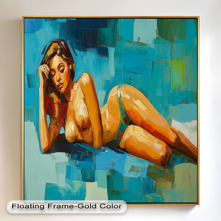 Tropical Repose – Reclining Woman with Ocean Tones Oil Painting