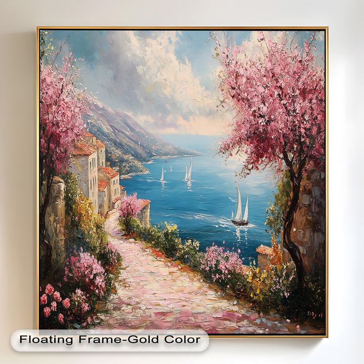 Incredible Sea Street & Spring Blossoms – Coastal Charm Oil Painting