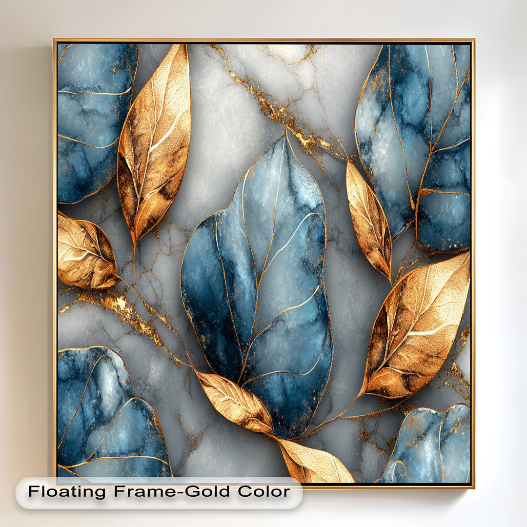 Golden Blue Marble Leaves – Botanical Oil Painting