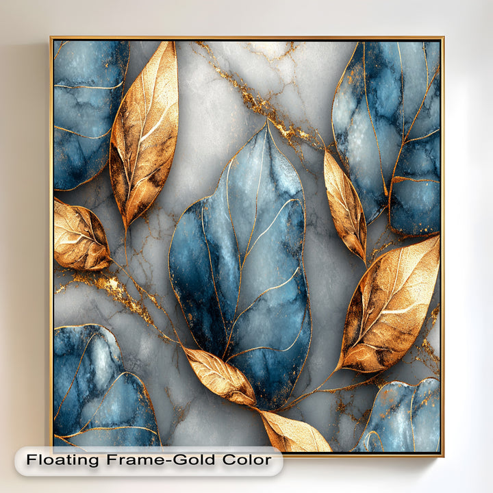 Golden Blue Marble Leaves – Botanical Oil Painting
