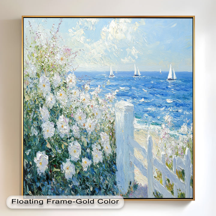 White Rose Garden with Sailboats – Impressionist Oil Painting