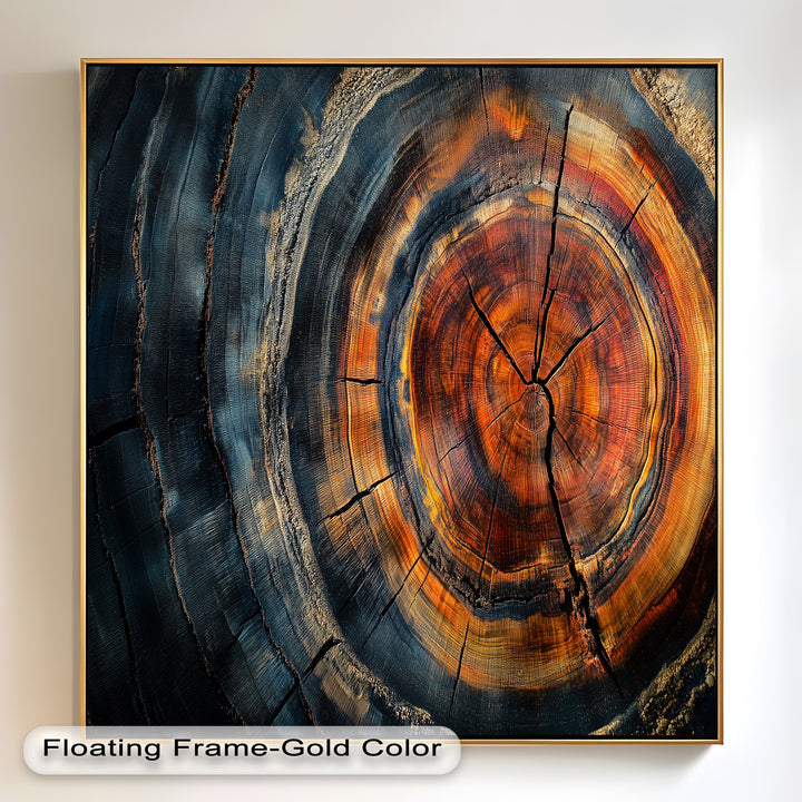 A dramatic composition showcases the organic textures of a weathered tree cross-section, where fiery oranges and dark shadows contrast beautifully within the intricate grain.