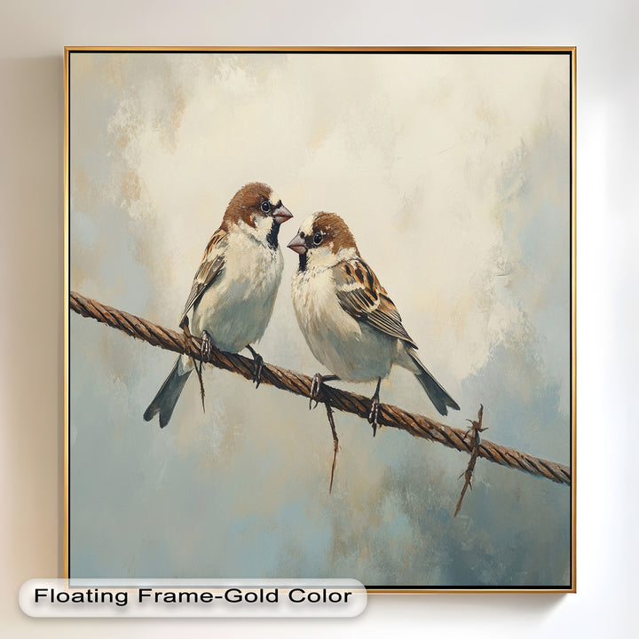 Two Sparrows on a Wire – Bird Oil Painting