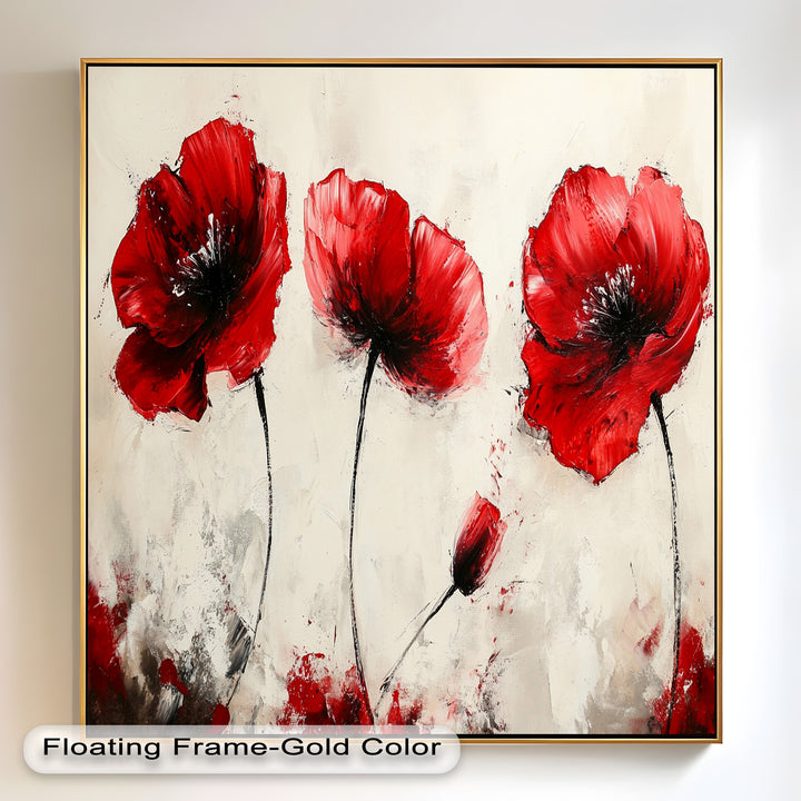 Crimson Elegance – Bold Red Poppies on Cream Flower Oil Painting