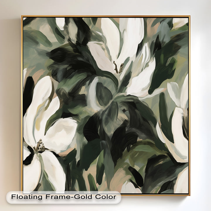 Cream Blooms in Forest Green - Flower Oil Painting