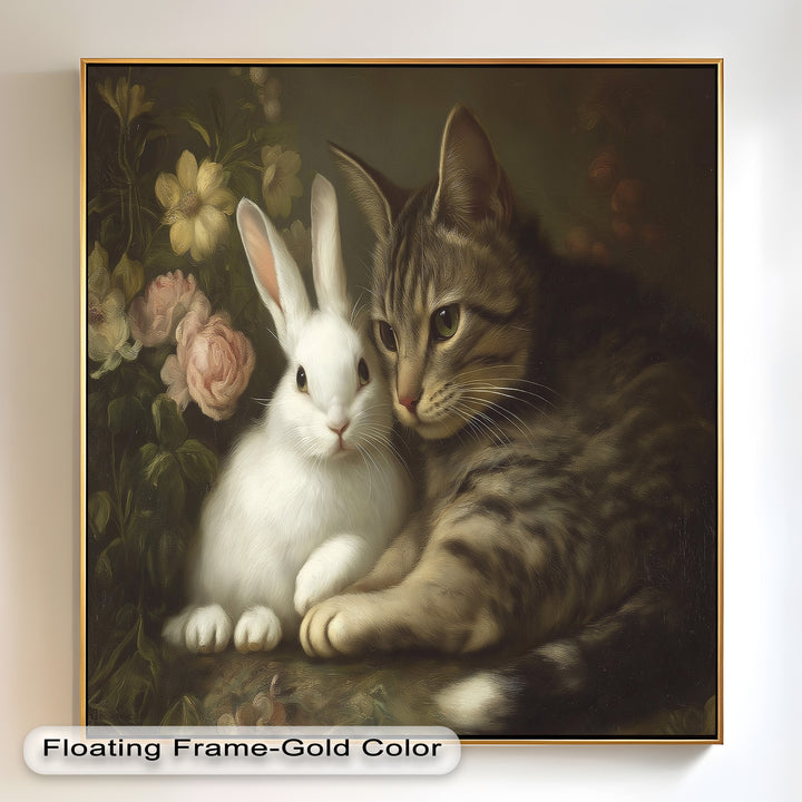 Cat and Rabbit in Floral Harmony - Animal Oil Painting