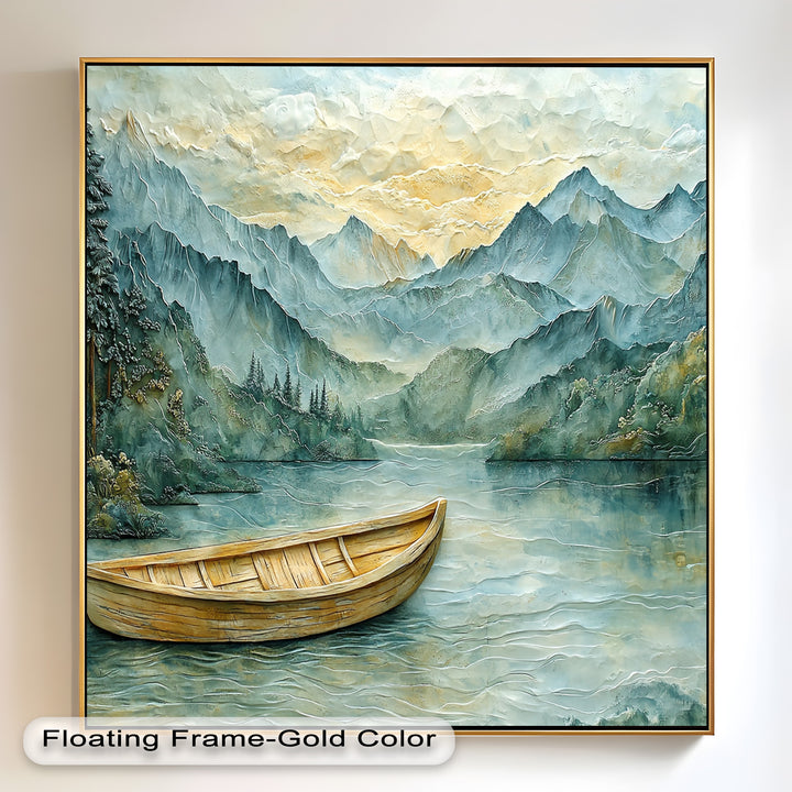 A sophisticated framed wall art piece featuring an intricately detailed forested lake, with sculptural textures adding depth to the misty mountains and a rustic wooden boat in the foreground.