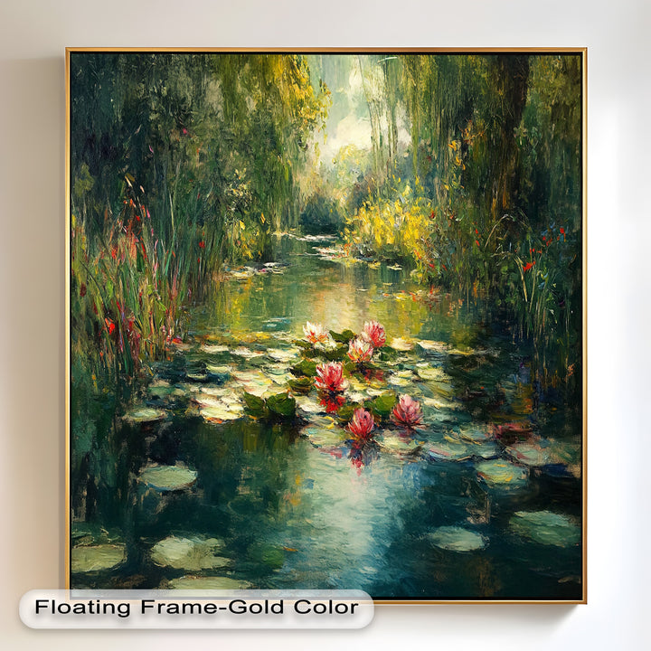 Tranquil Water Lilies in Sunlit Pond – Impressionist Oil Painting