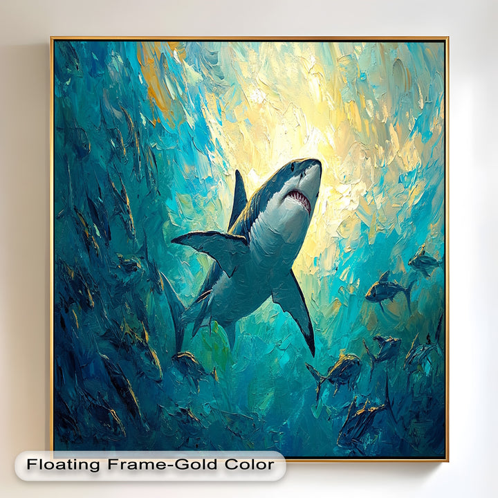Great White Shark in Sunlit Ocean Depths – Animal Oil Painting