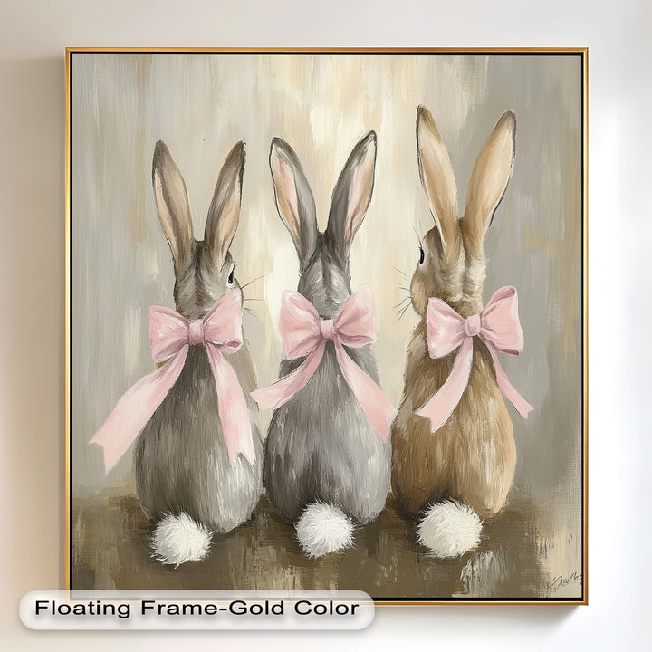 Trio of Bunnies with Pink Bows – Animal Oil Painting