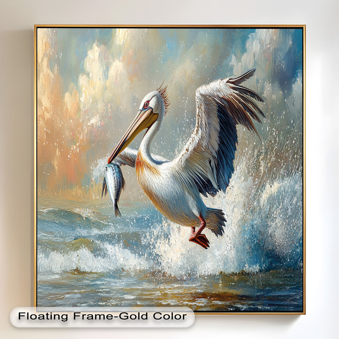 Pelican Catching Fish in Ocean Surf – Animal Oil Painting
