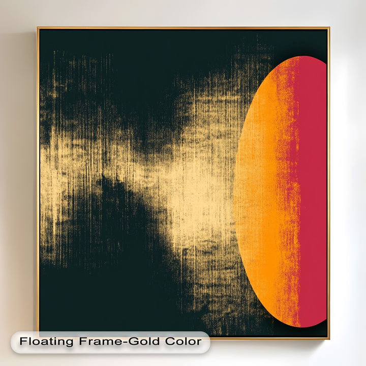 Contemporary wall art with a striking red-orange orb and distressed gold textures.
