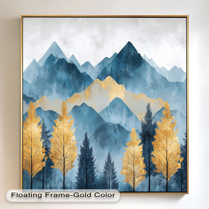 Blaue und goldene Aquarell-Berglandschaftskunst – Atemberaubende Ölgemälde