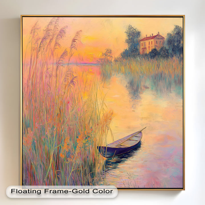 Golden Reeds and Sunset Rowboat – Impressionist Oil Painting