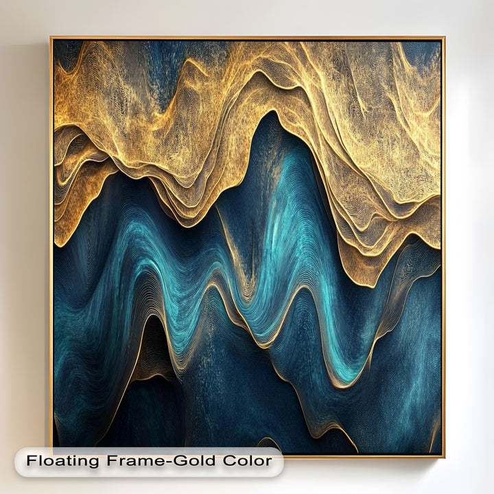 Flowing Teal & Gold Waves – Abstract Oil Painting