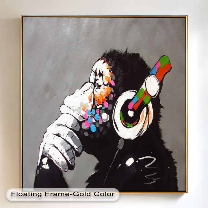 Contemplative Chimp with Headphones - Banksy Oil Painting