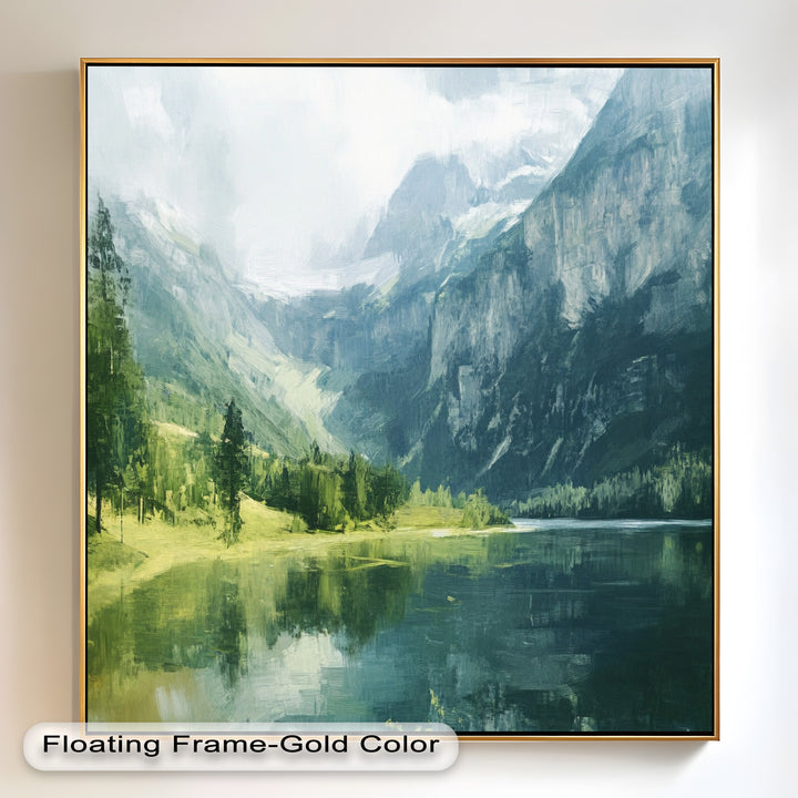 Gentle brushstrokes and a harmonious palette of deep greens and cool blues bring this mountain scene to life, showcasing a peaceful lake nestled within a rugged, majestic valley.