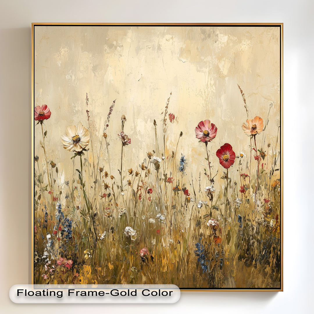 A harmonious blend of soft neutrals and rich floral hues creates a dreamy meadowscape, where the artist’s textured technique enhances the beauty of delicate wildflowers in bloom.