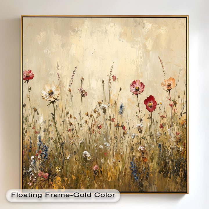 A harmonious blend of soft neutrals and rich floral hues creates a dreamy meadowscape, where the artist’s textured technique enhances the beauty of delicate wildflowers in bloom.