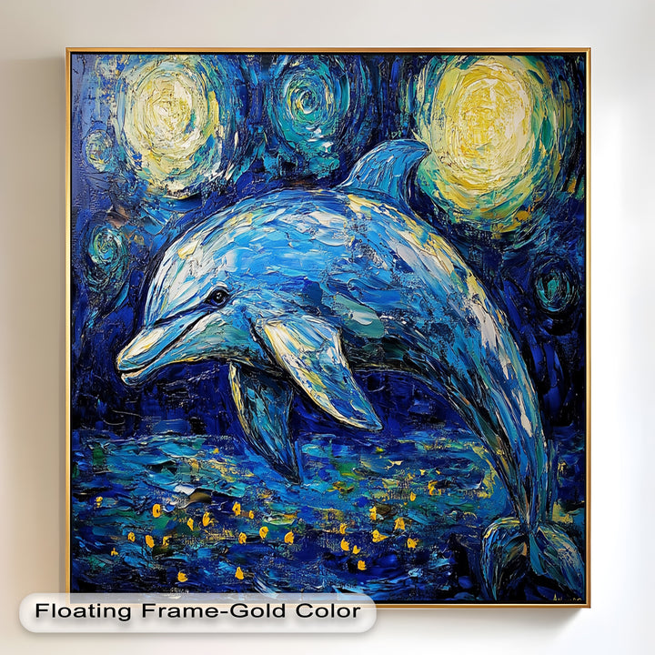 Starry Night Dolphin in Ocean Dreamscape – Animal Oil Painting