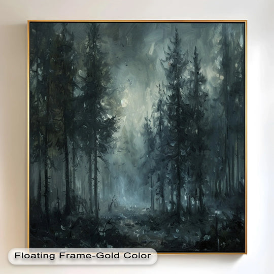 Ethereal moonlight shining through the trees is the loudest element in this captivating dark forest oil painting artwork, creating a mysterious ambiance.