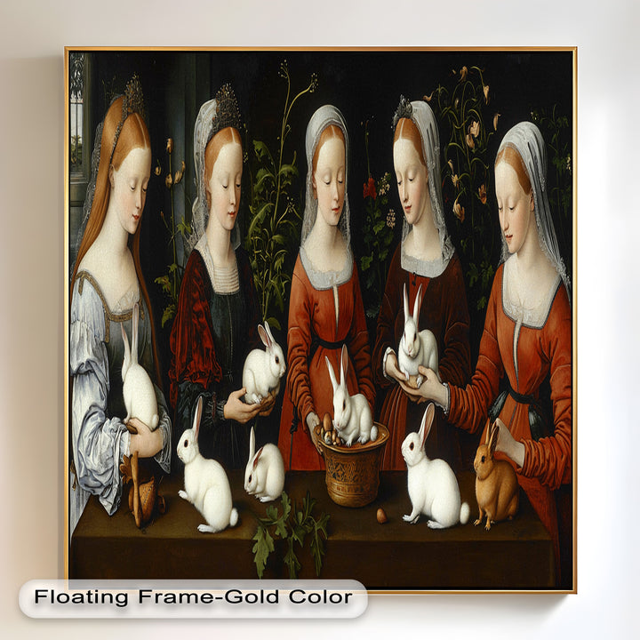Maiden Garden Gathering – Renaissance Rabbit Portrait Oil Painting