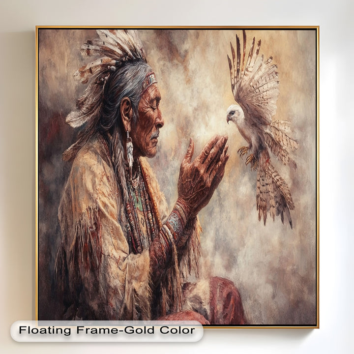 Whisper to the Spirit – Native Elder and Falcon Oil Painting