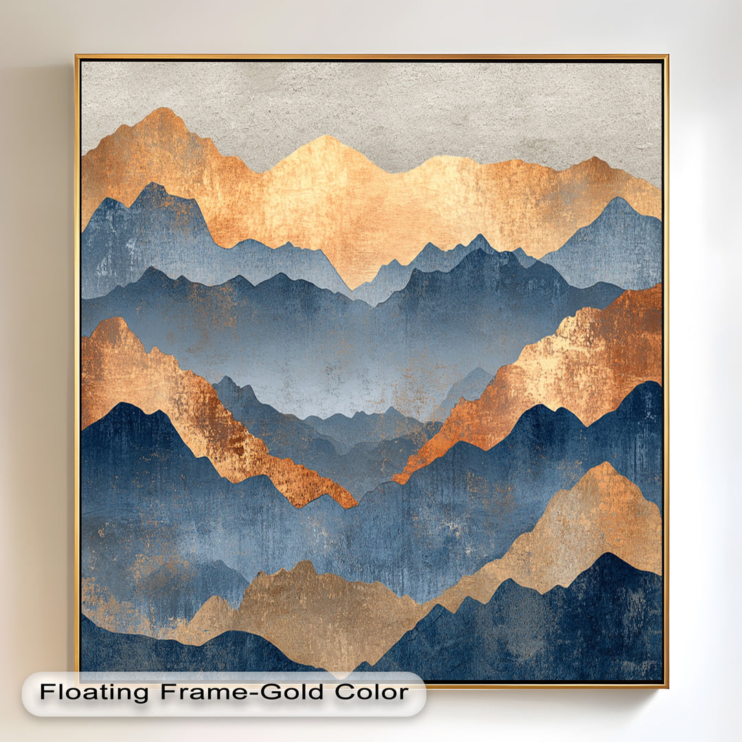 Golden hour mountain artwork with gradient layers of blue and metallic gold.
