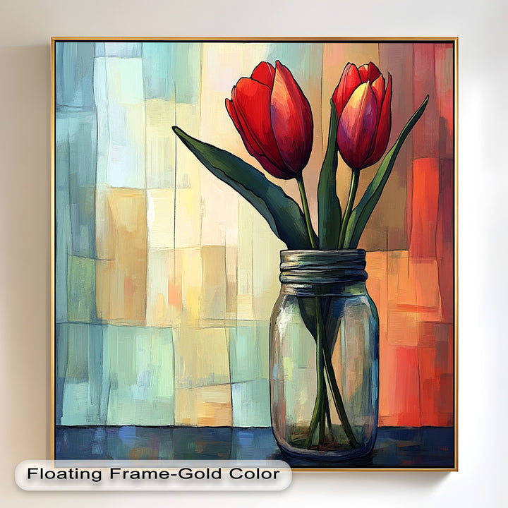 Red and Orange Tulips in Glass Vase – Bold Floral Oil Painting