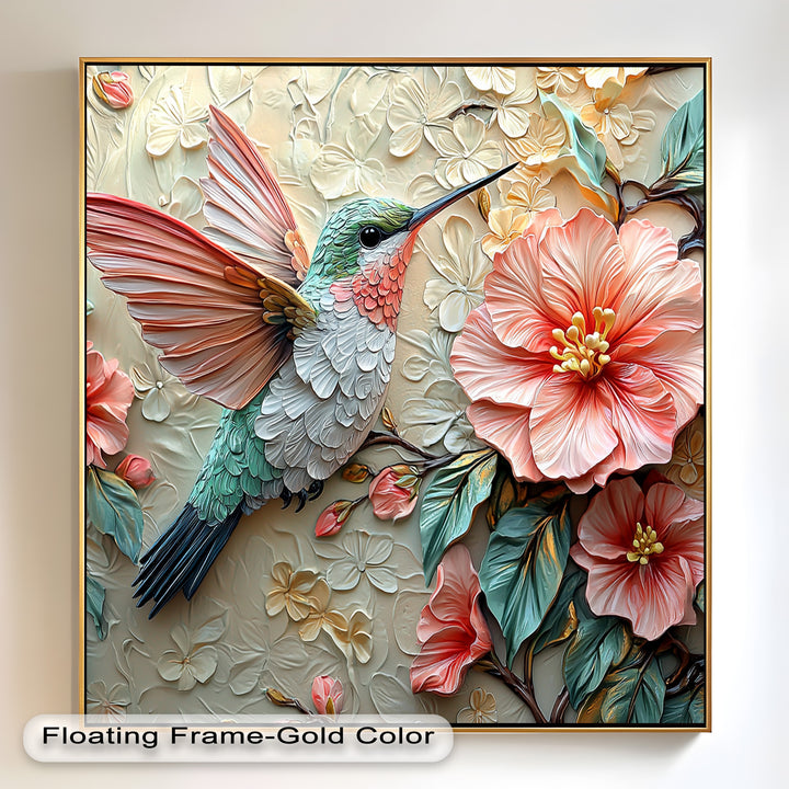 Spring Hummingbird with Pink Flowers – Framed Oil Painting