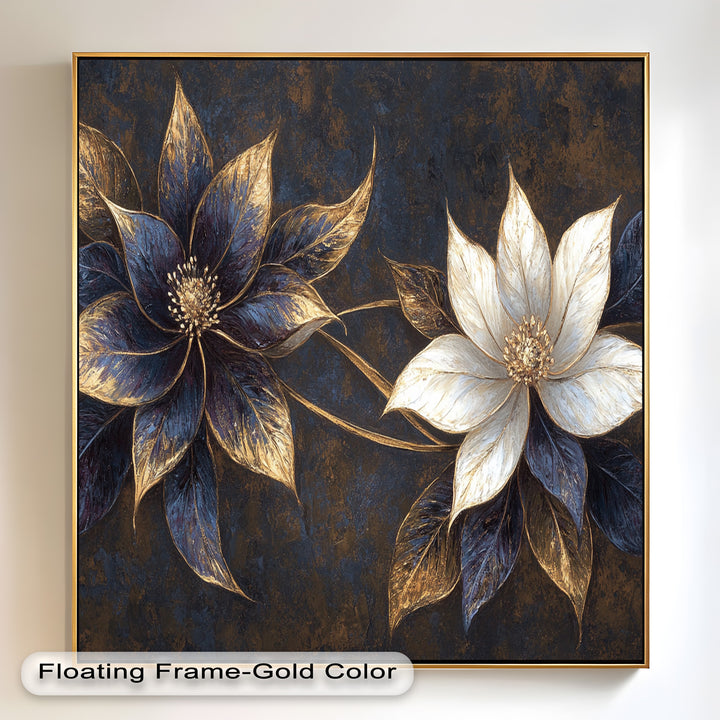 Blue Floral Stained Art – Botanical Oil Painting