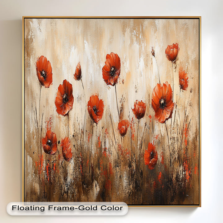 Fiery Meadow – Scarlet Poppies in Earth-Toned Field Flower Oil Painting