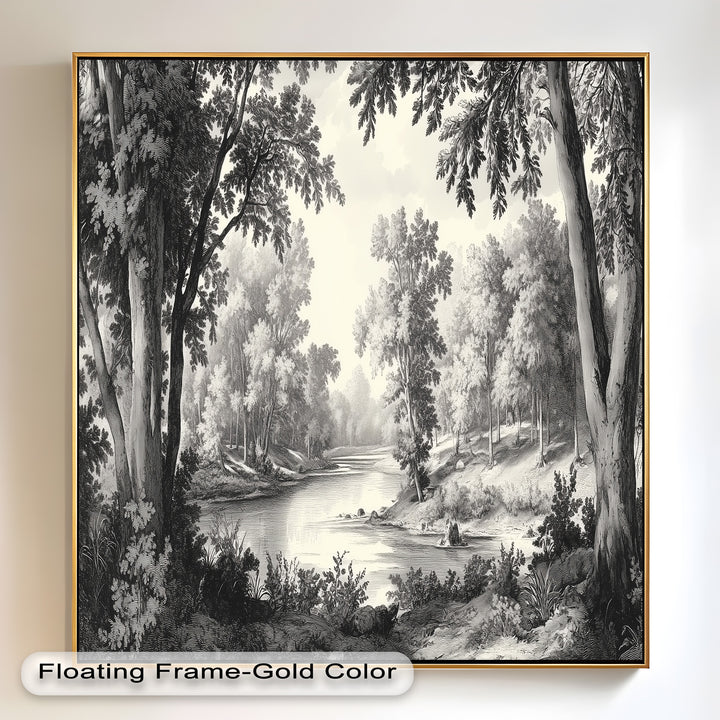 Zeitloser Waldfluss – Monochromes Landschaftsölgemälde