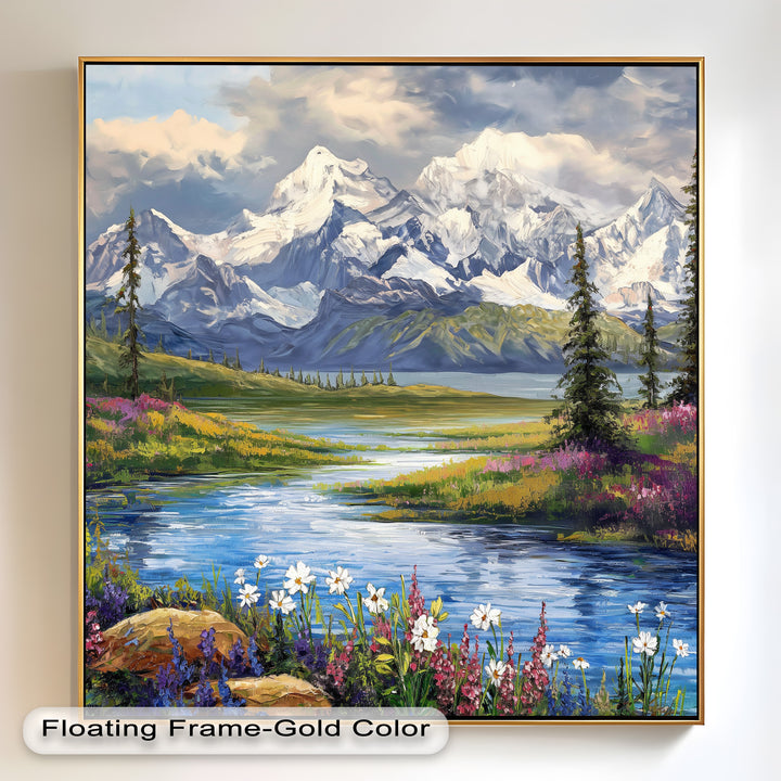 Vintage Mountains & River – Framed Oil Painting