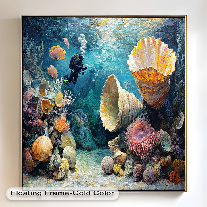 Diver Exploring Coral Reefs with Giant Shells - Animal Oil Painting