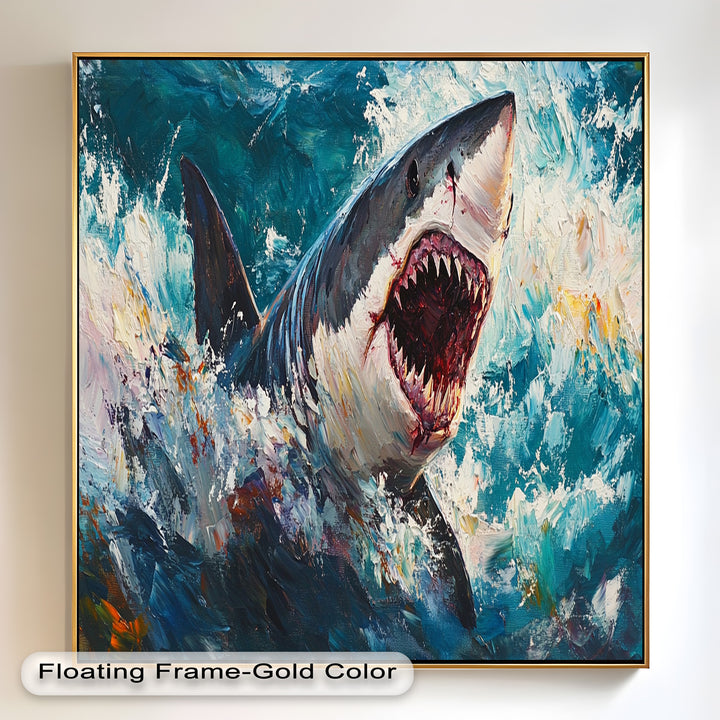 Ferocious Shark Emerging from Turbulent Waters – Animal Oil Painting