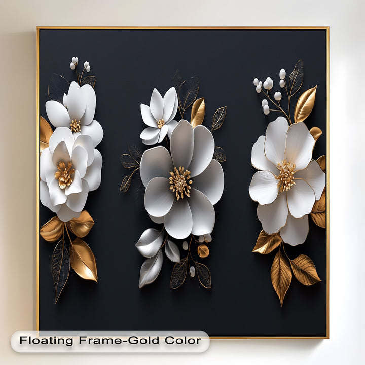 Elegantes Blumentrio – Modernes Ölgemälde in Weiß und Gold