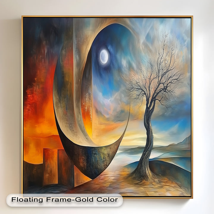 Moonlit Tree and Surreal Horizon - Abstract Oil Painting
