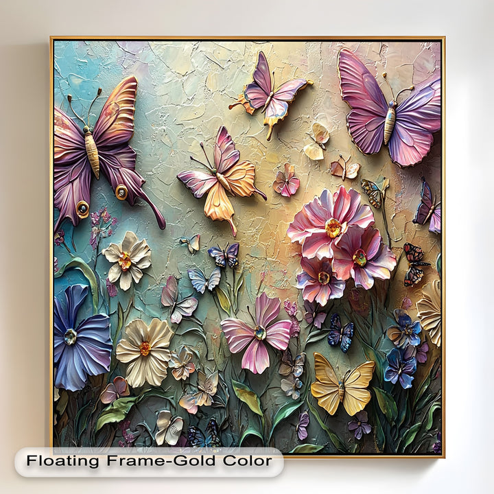A sophisticated framed wall art piece featuring an enchanting butterfly garden with raised floral details and a softly blended background for a serene, artistic touch.