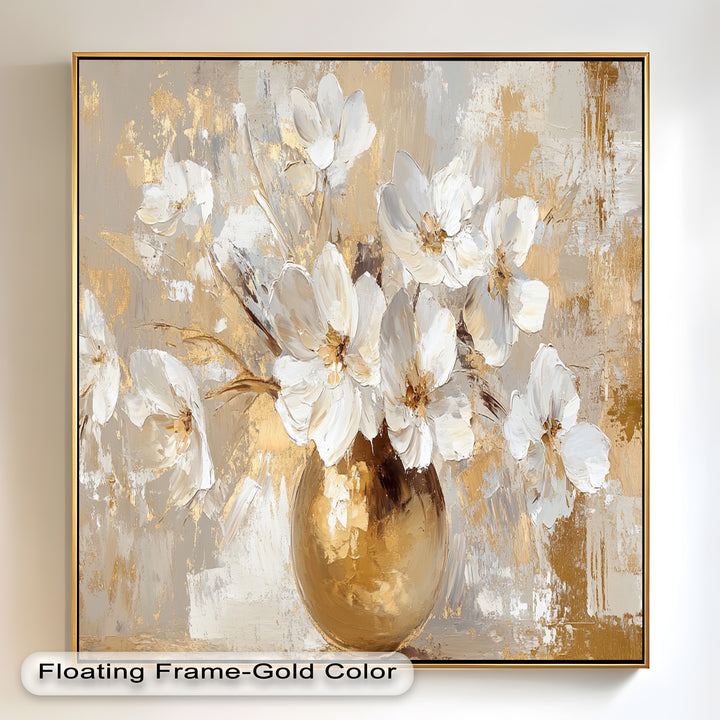 Golden Vase with White Florals – Flower Oil Painting