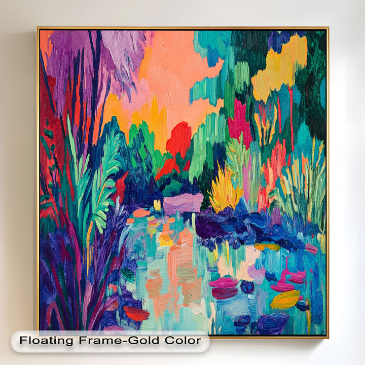 Sunset Reflections Oil Painting – Fauvist Lakeside Dreamscape