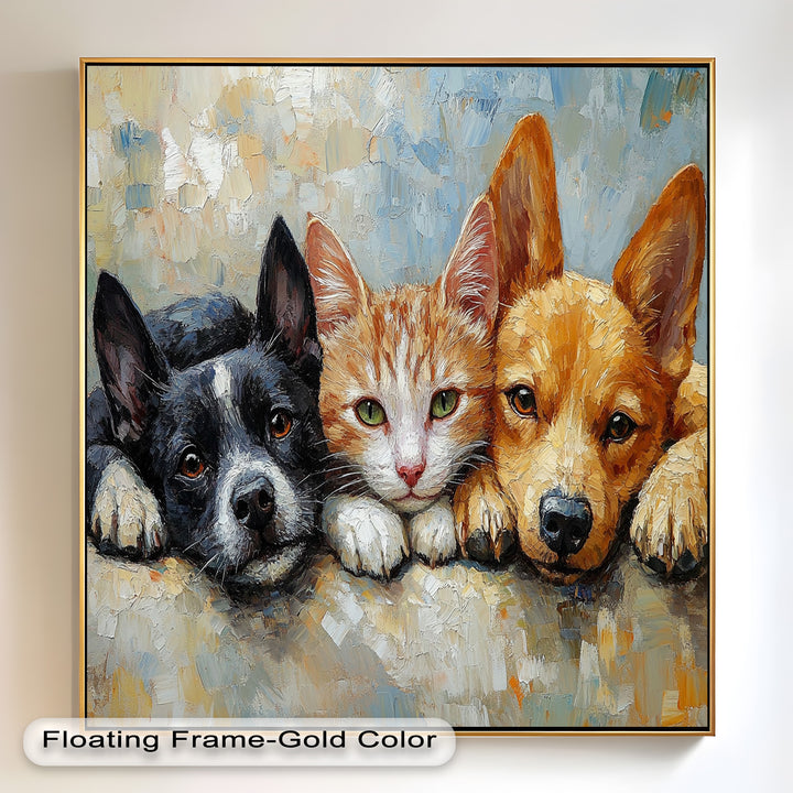 Cat and Dogs Resting Together - Animal Oil Painting