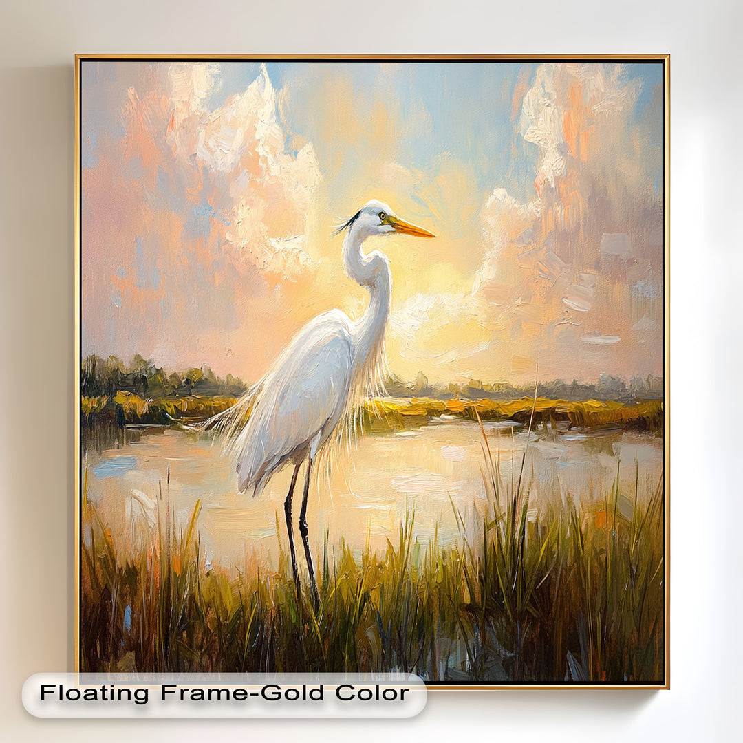 White Egret at Sunset – Animal Oil Painting