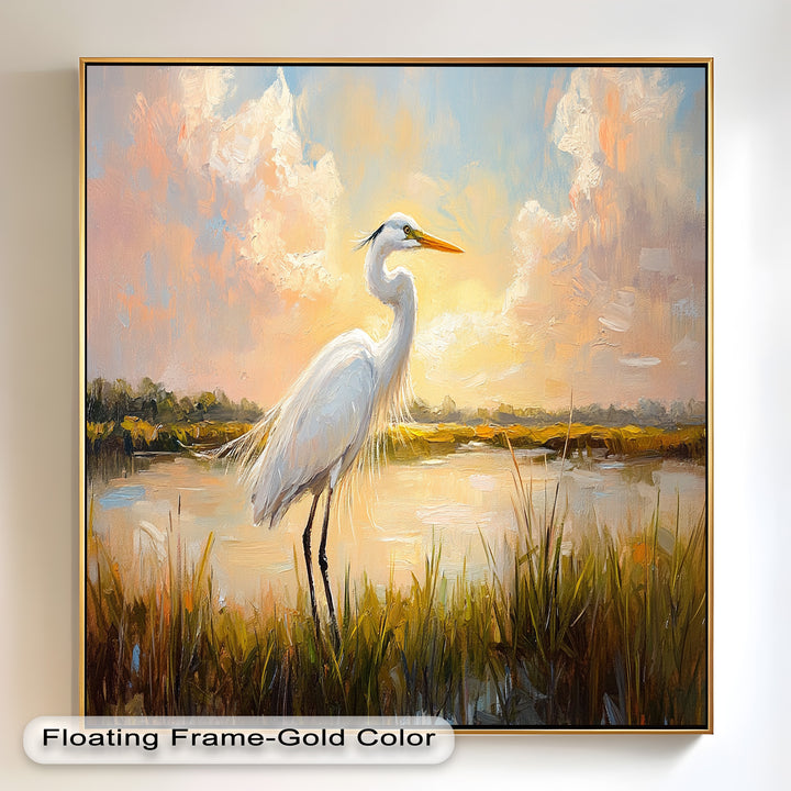 White Egret at Sunset – Animal Oil Painting