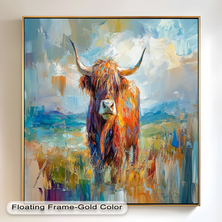 Highland Cow in Windswept Fields - Animal Oil Painting