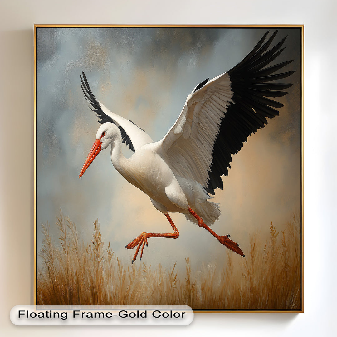 Stork in Flight over Golden Grasses – Animal Oil Painting