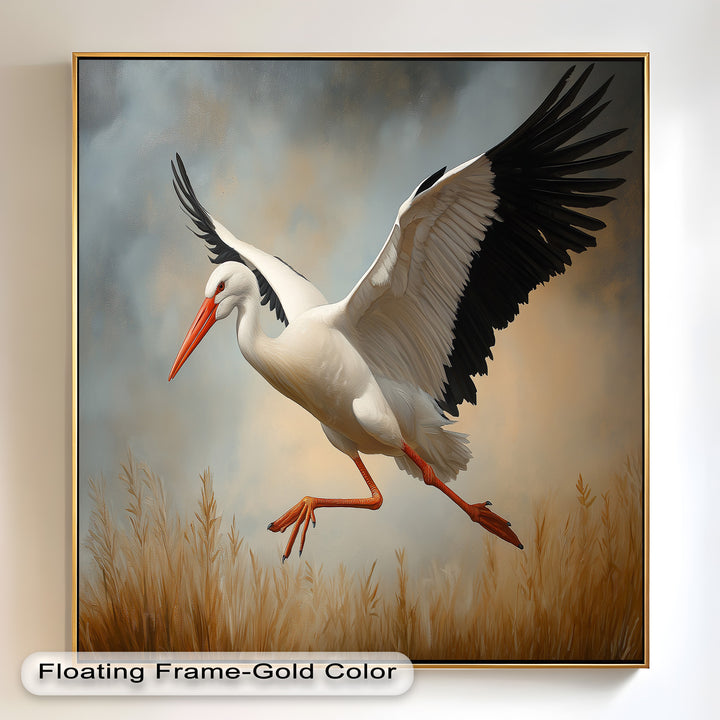 Stork in Flight over Golden Grasses – Animal Oil Painting