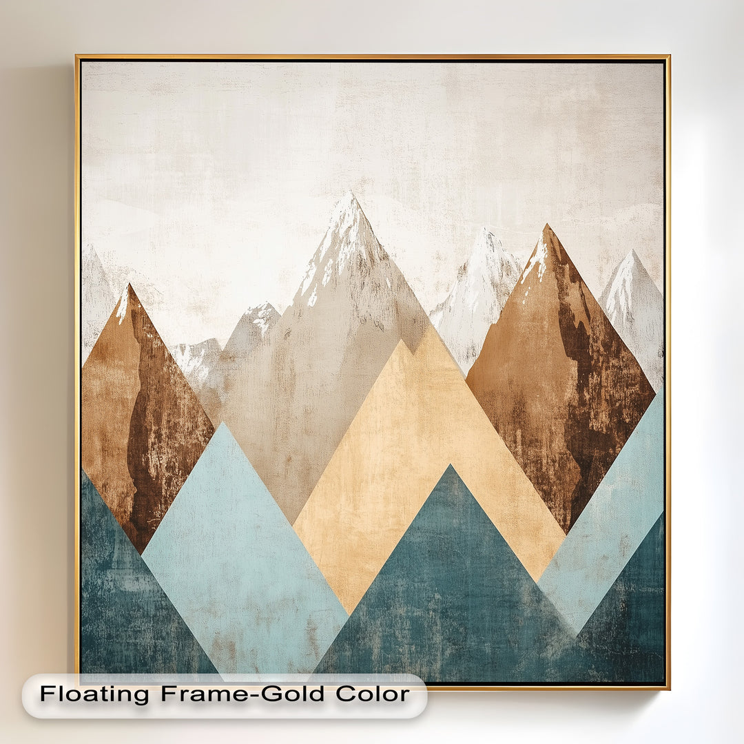 A stylish and rustic mountain-inspired artwork that merges geometric patterns with organic textures, perfect for a modern yet timeless decor style.