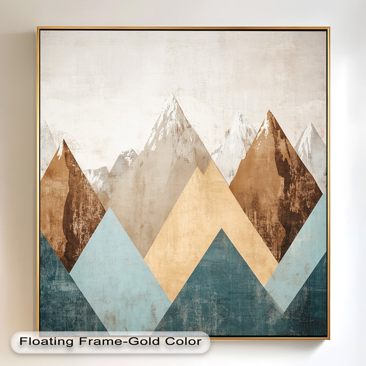 A stylish and rustic mountain-inspired artwork that merges geometric patterns with organic textures, perfect for a modern yet timeless decor style.